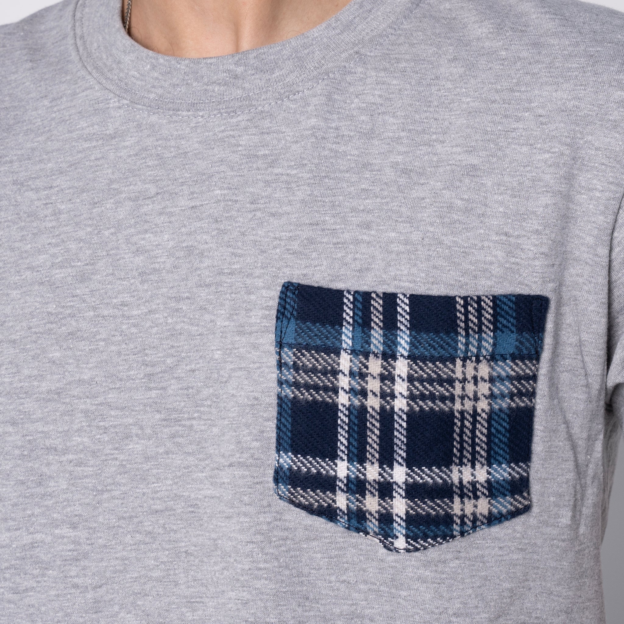 Pocket Tee - Heather Grey + Triple Yarn Twill Check Brush - Navy - Image 3