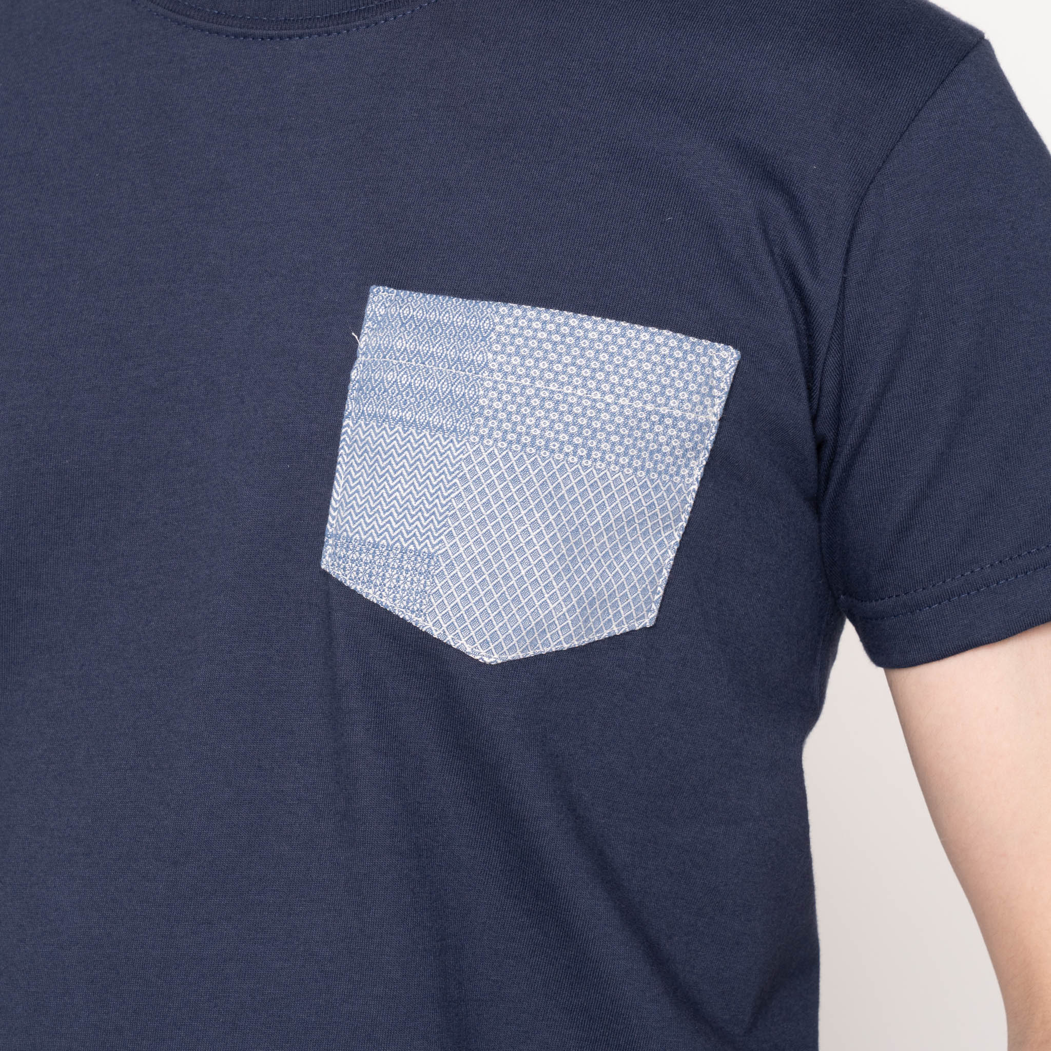 Pocket Tee - Navy - Dobby Patchwork - Pale Blue - Image 4