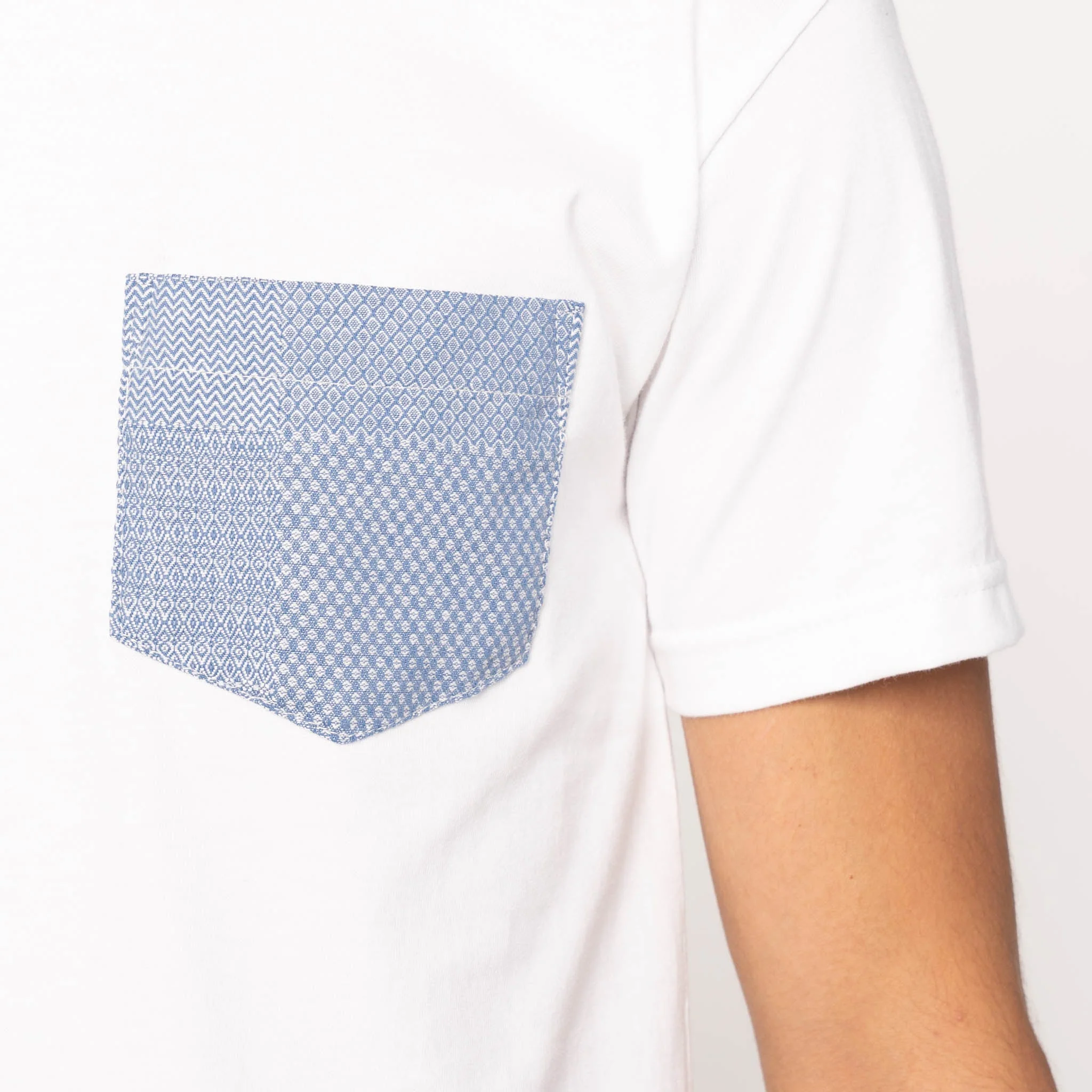 Pocket Tee - White - Dobby Patchwork - Pale Blue - Image 4